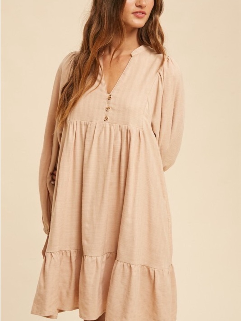 HARTFORD Cotton Linen Tiered Mini Dress Drop Waist Coastal Chic Sand Beige M L